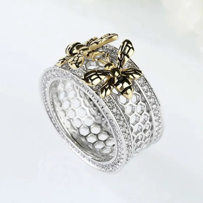 Unique Two Bee Honeycomb Sterling Silver Women's Band Natural White Sapphire Diamond Ring Women's Anniversary Christmas Gift Size 5-11