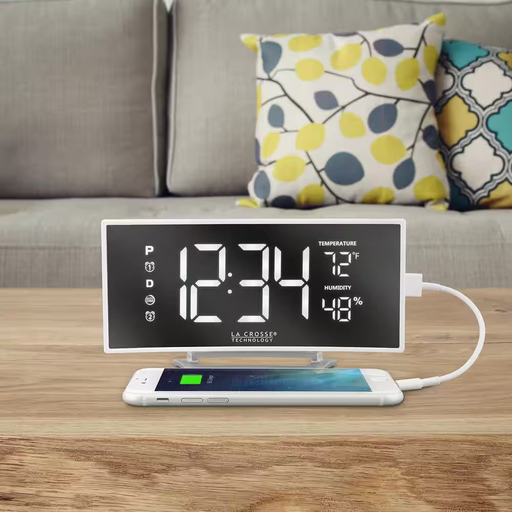 Curved Mirror LED Alarm Clock with Temperature & Humidity, USB Port