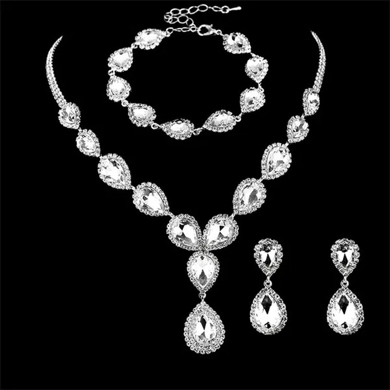 Women's Jewelry Set Rhinestone Crystal Bride Statement Choker Necklace Tiara Crown Link Bangle Bracelet Teardrop Dangle Earrings Set for Wedding Party Silver Plated White Crystal Necklace Earrings Bracelet