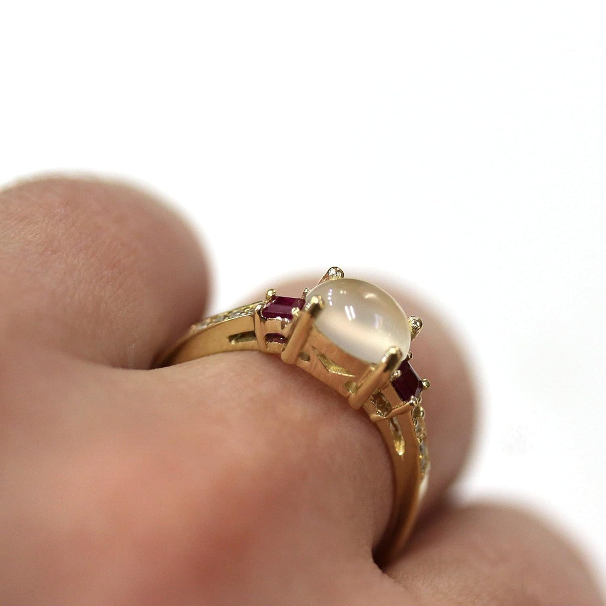 2.65 Ct Tw Natural Cabochon Moonstone, Red Ruby & Diamond Solid 14K Rose Gold 3 Stone Engagement Ring for Women 6 Mm (18K White Gold, 7.75)