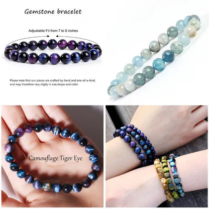 8mm Tiger Eye/Amethyst/Aquamarine/Agate/ Gemstone Bracelet Round Beads Stretch Bracelet Handmade Chakra Healing Stone Jewelry for Women Men Girls