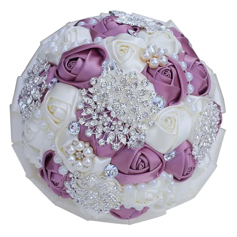 20CM Mixed Color Silk Ribbon Rose Wedding Flower Bouquet Luxury Pearl Crystal Brooch Bridal Bouquet Handmade Creative Bridesmaid Holding Flowers