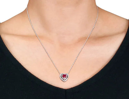 1.20 Carat (ctw) Lab-Created Ruby and Diamond Heart Pendant Necklace in 10K White Gold with chain