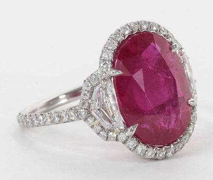 8.06 Carat Certified Oval Ruby Diamond Platinum Cocktail Ring