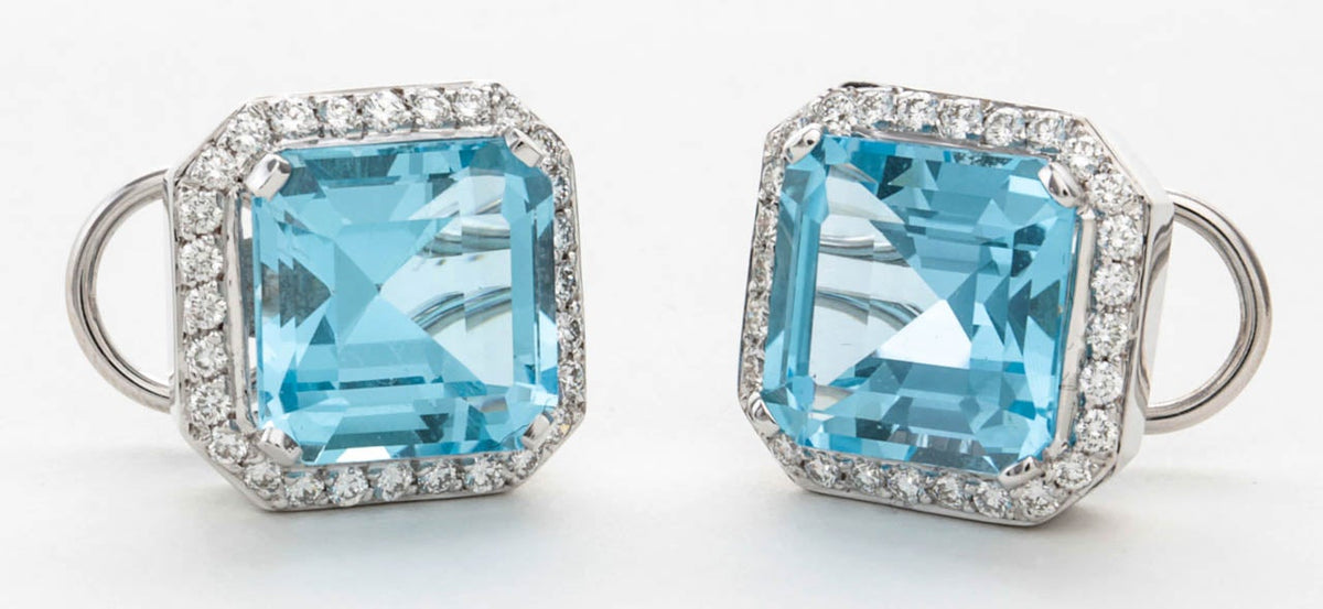 Stunning Blue Topaz Asscher Cut Diamond 18k White Gold Earrings