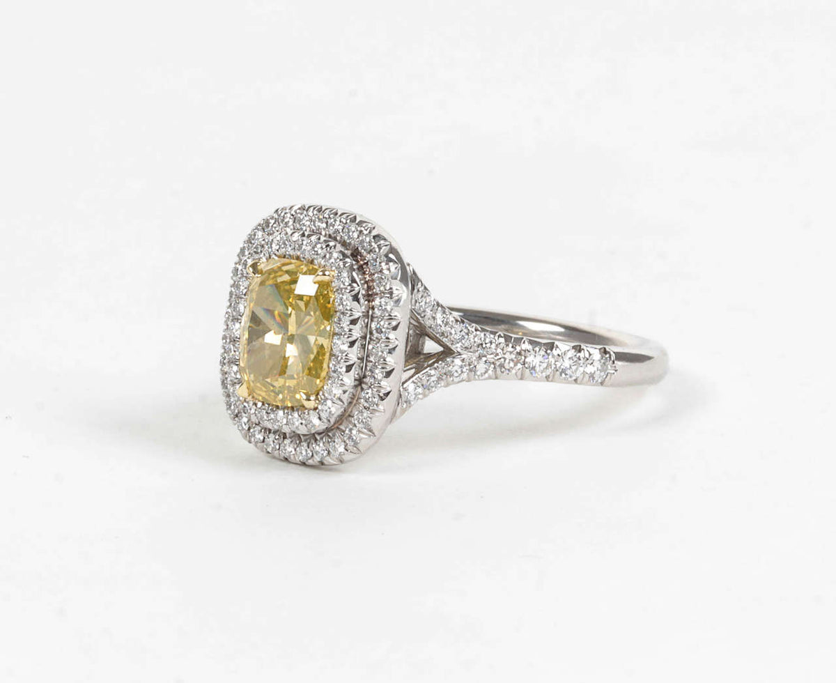 GIA Certified 1.54ct Vivid Yellow Cushion Diamond Platinum Ring