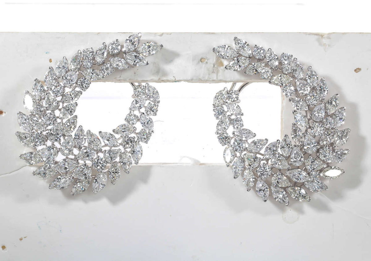 22.45 Carat Diamond 18k White Gold Wreath Swirl Clip-On Earrings