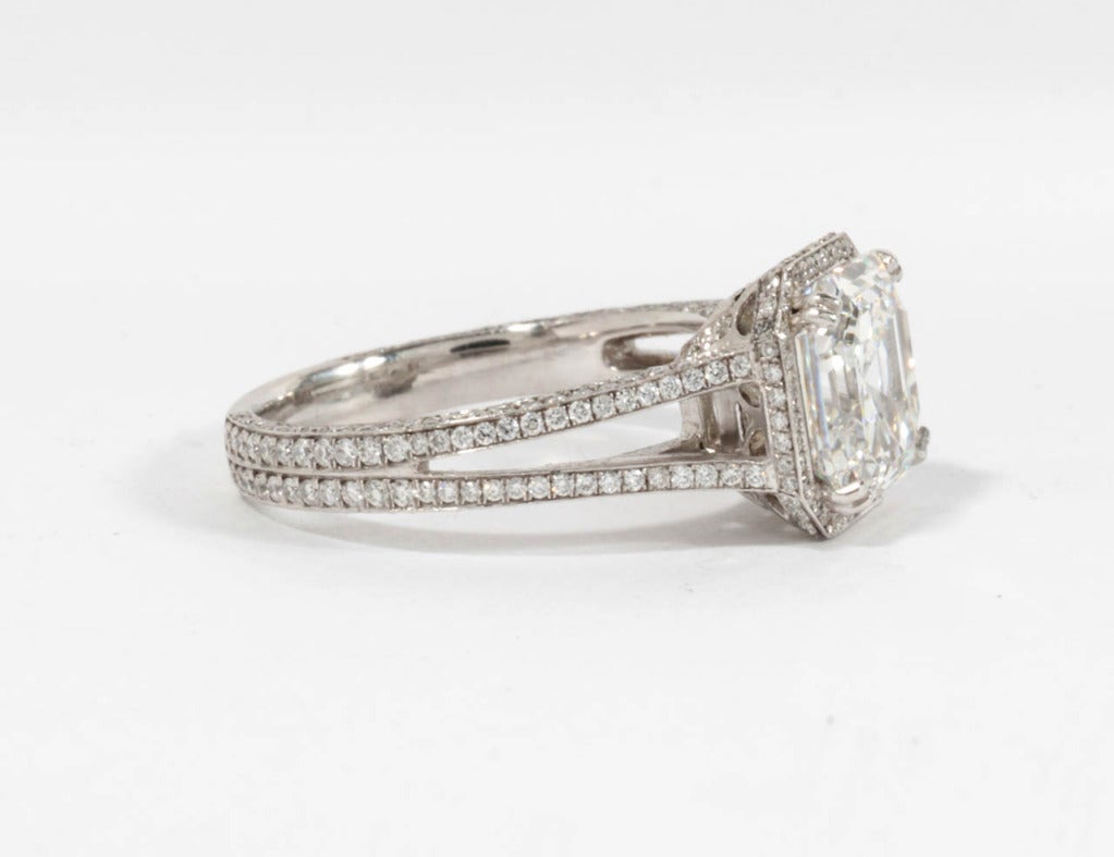 GIA 3.03 Carat Asscher Cut Diamond Platinum Micro Pave Engagement Ring