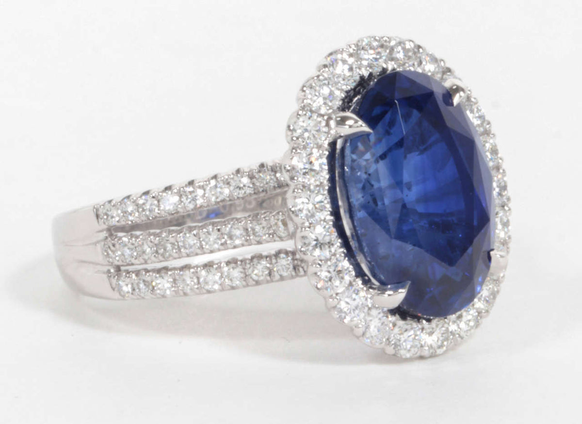 Certified 6.47 Carat Royal Blue Sapphire Oval Diamond Halo Ring