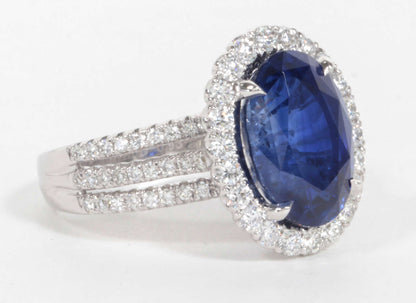 Certified 6.47 Carat Royal Blue Sapphire Oval Diamond Halo Ring