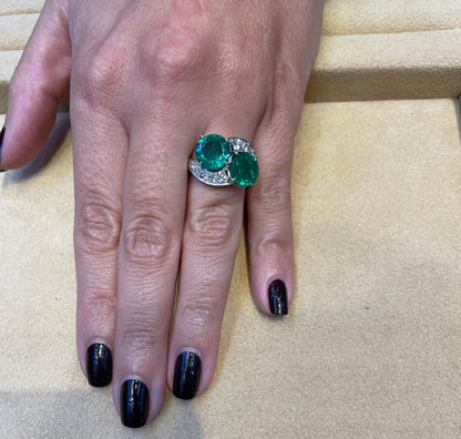 Vintage 1950s Platinum Emerald and Diamond Cluster Cocktail Ring