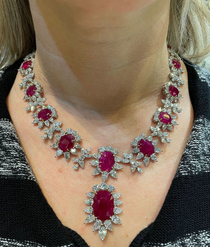 Spectacular 93ct Intense Red Ruby and 69ct Diamond Platinum Necklace
