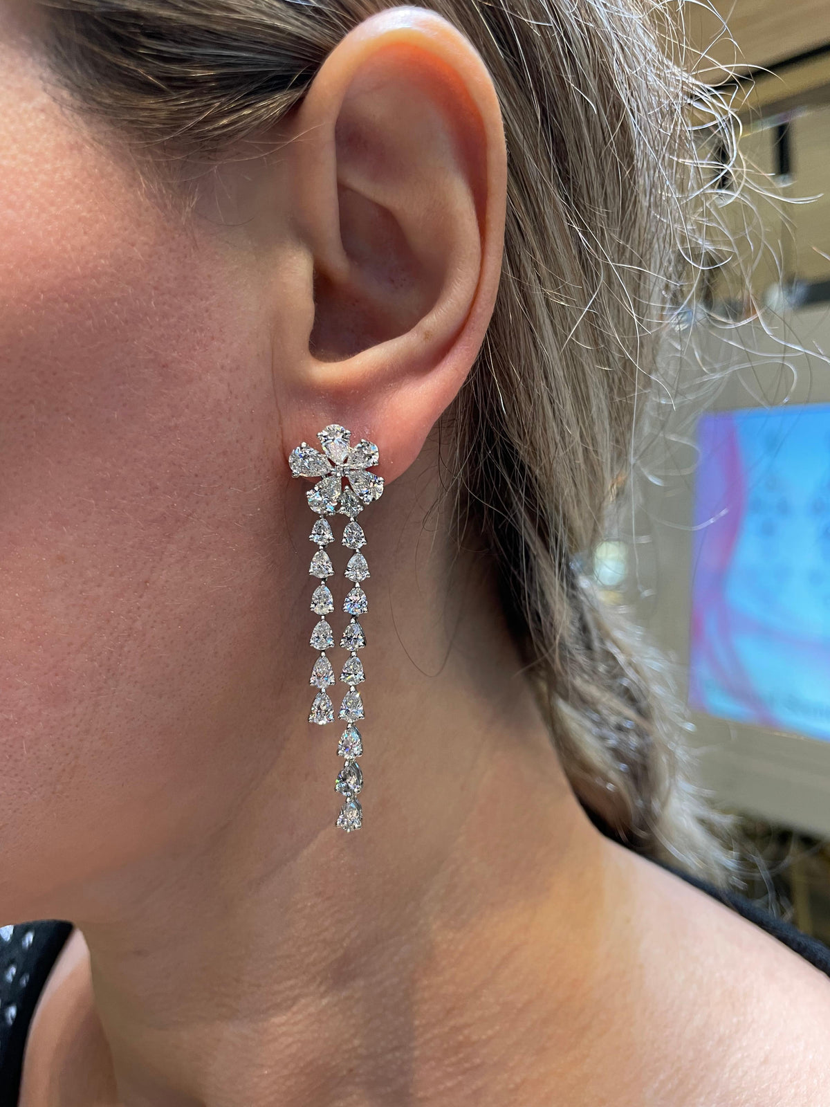 11.23ct Pear Diamond Flower Drop Earrings in 18k White Gold