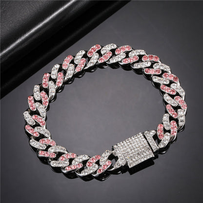 Hip Hop 11MM Bling Iced Out Silver Color Pink Cuban Chain Full AAA Crystal Pave Men's Bracelet for Men Women Jewelry