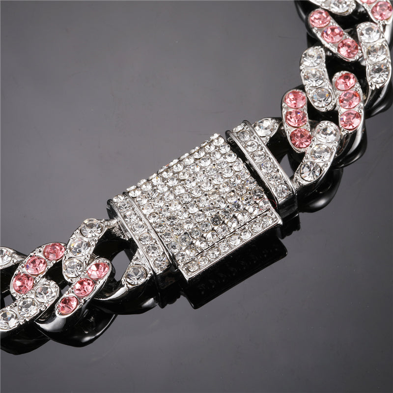 Hip Hop 11MM Bling Iced Out Silver Color Pink Cuban Chain Full AAA Crystal Pave Men's Bracelet for Men Women Jewelry