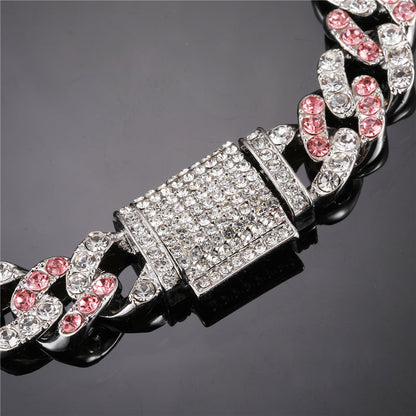 Hip Hop 11MM Bling Iced Out Silver Color Pink Cuban Chain Full AAA Crystal Pave Men's Bracelet for Men Women Jewelry