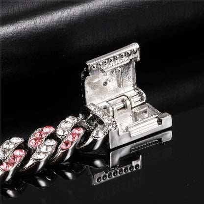 Hip Hop 11MM Bling Iced Out Silver Color Pink Cuban Chain Full AAA Crystal Pave Men's Bracelet for Men Women Jewelry