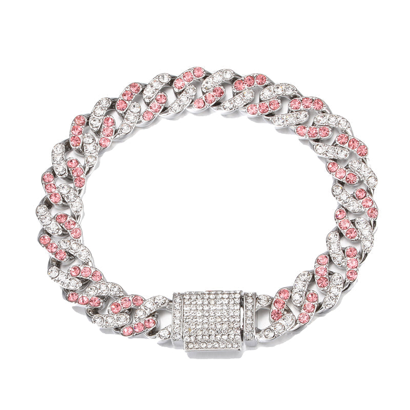 Hip Hop 11MM Bling Iced Out Silver Color Pink Cuban Chain Full AAA Crystal Pave Men's Bracelet for Men Women Jewelry