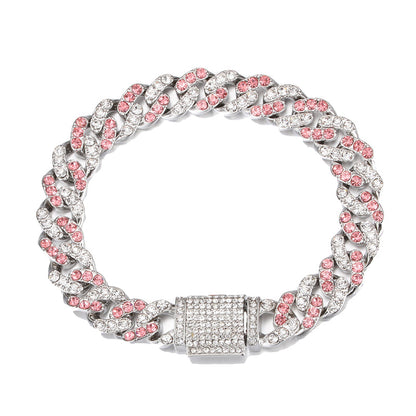 Hip Hop 11MM Bling Iced Out Silver Color Pink Cuban Chain Full AAA Crystal Pave Men's Bracelet for Men Women Jewelry