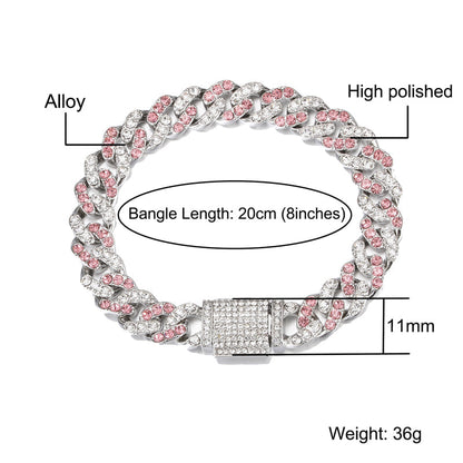 Hip Hop 11MM Bling Iced Out Silver Color Pink Cuban Chain Full AAA Crystal Pave Men's Bracelet for Men Women Jewelry