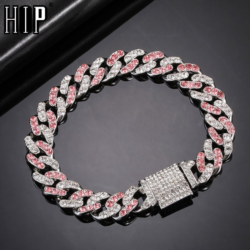 Hip Hop 11MM Bling Iced Out Silver Color Pink Cuban Chain Full AAA Crystal Pave Men's Bracelet for Men Women Jewelry