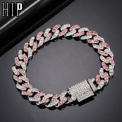 Hip Hop 11MM Bling Iced Out Silver Color Pink Cuban Chain Full AAA Crystal Pave Men's Bracelet for Men Women Jewelry