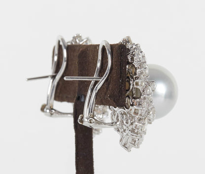 Elegant 18k White Gold Pearl and Diamond Halo Clip-on Earrings
