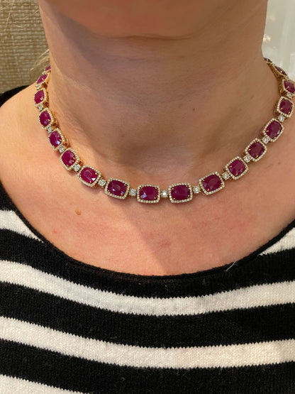 Exquisite 72.70ct Burma Ruby and 6.38ct Diamond 14k Gold Necklace