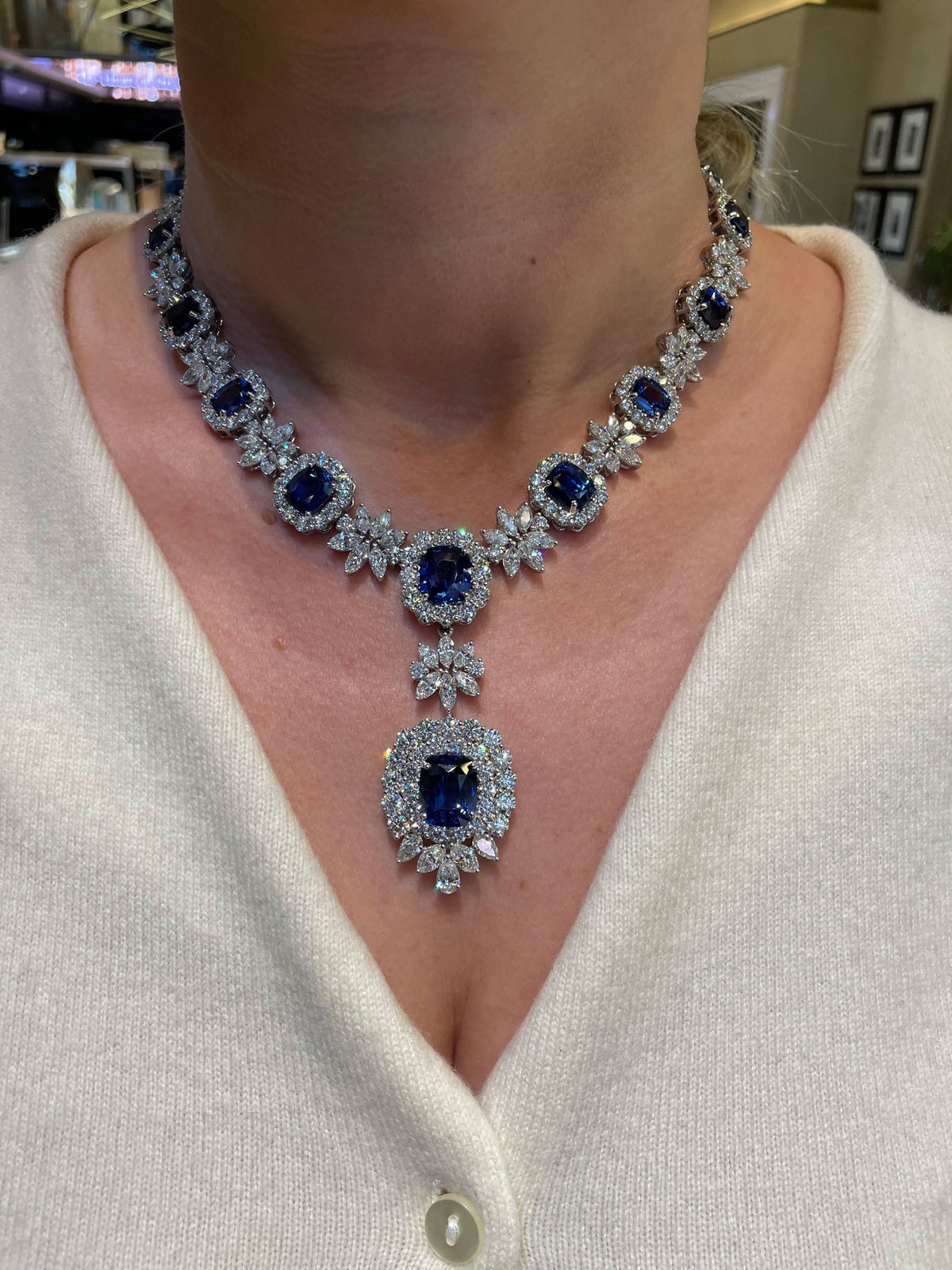 Magnificent Ceylon Sapphire and Diamond Platinum Drop Necklace