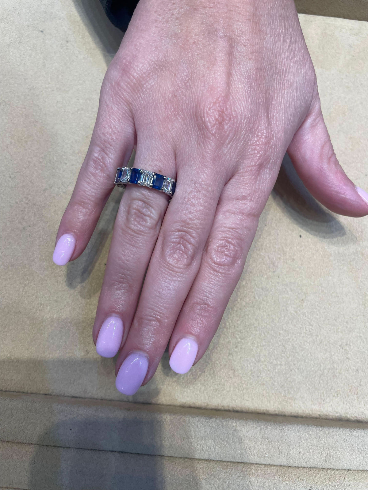 Custom Emerald Cut Blue Sapphire and Diamond Platinum Band Ring