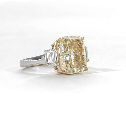 Fancy Yellow 10.06 Carat Cushion Cut Diamond Platinum Gold Ring