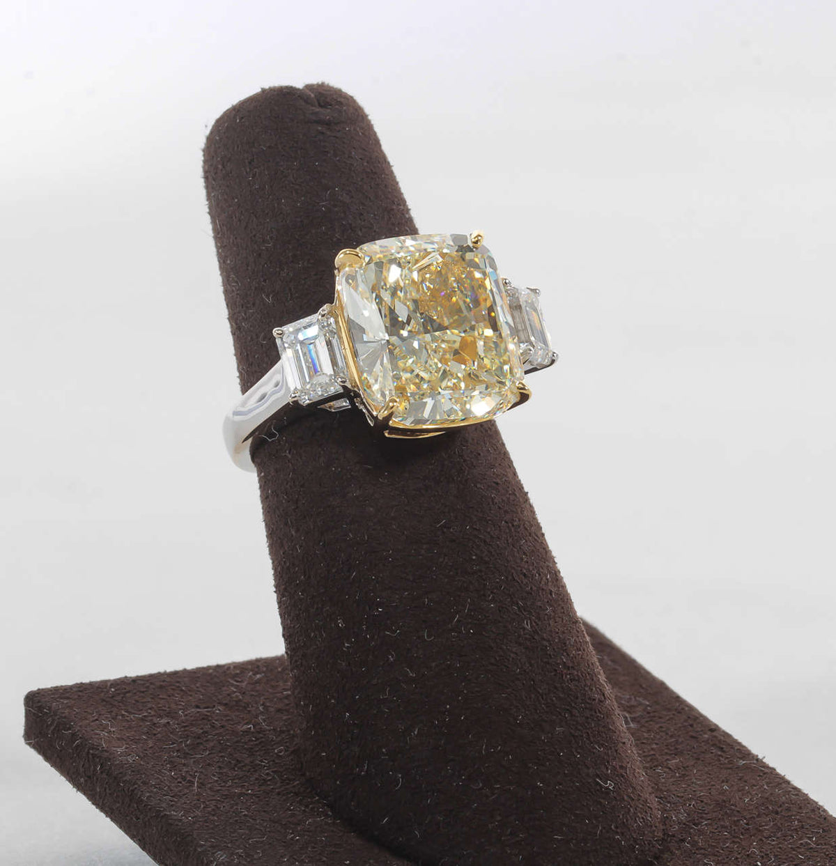 Fancy Yellow 10.06 Carat Cushion Cut Diamond Platinum Gold Ring