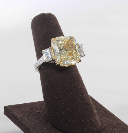 Fancy Yellow 10.06 Carat Cushion Cut Diamond Platinum Gold Ring