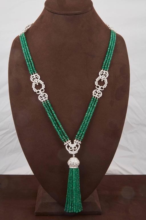 Exquisite 300 Carat Green Emerald and Diamond Tassel Necklace