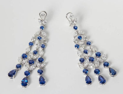 Exquisite 24.68ct Blue Sapphire and Diamond Platinum Chandelier Earrings