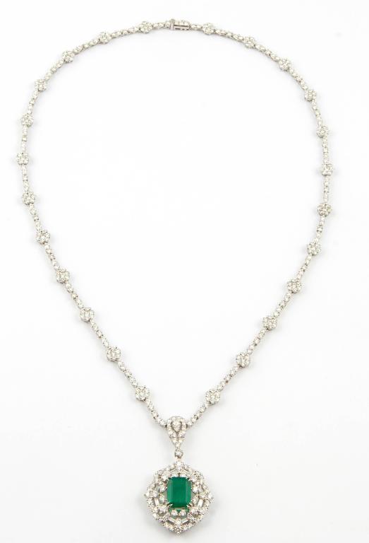 Green Emerald Diamond 18k White Gold GIA Certified Pendant Necklace