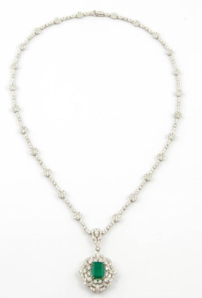 Green Emerald Diamond 18k White Gold GIA Certified Pendant Necklace