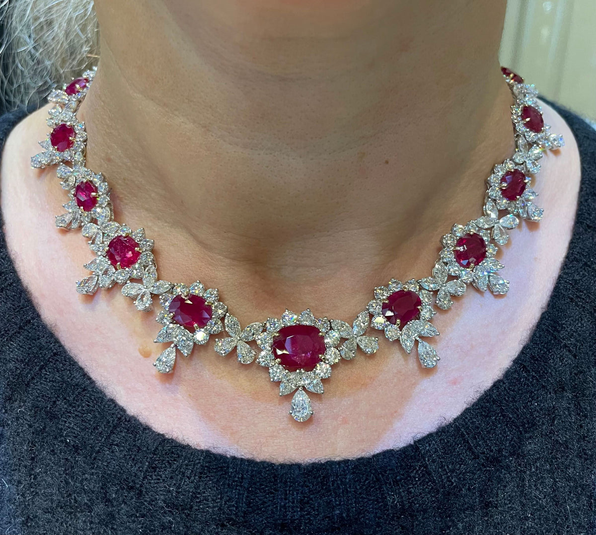 Exquisite 31ct Intense Red Ruby and 48ct Diamond Platinum Choker