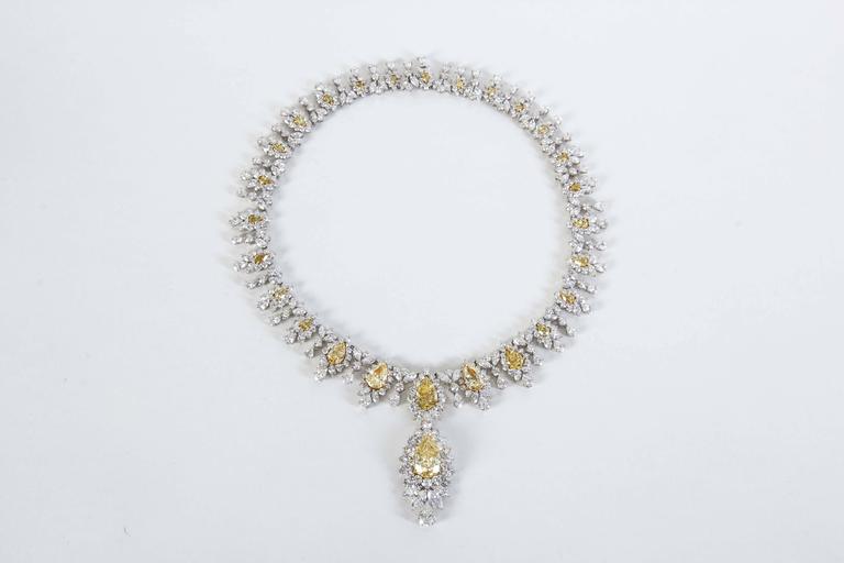 Fancy Yellow and White Diamond Drop Necklace 18k Gold Platinum