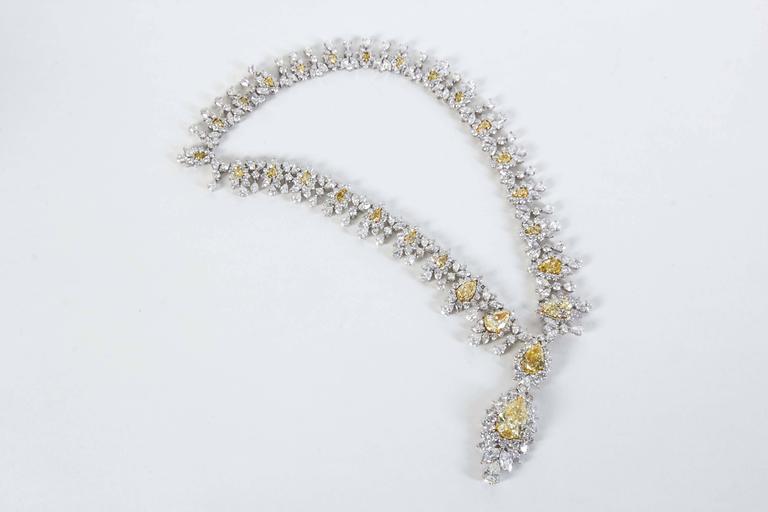Fancy Yellow and White Diamond Drop Necklace 18k Gold Platinum
