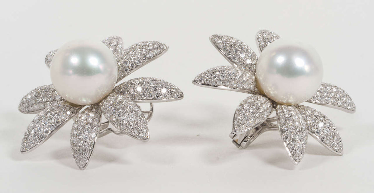 18k White Gold South Sea Pearl and Diamond Lever-Back Earrings