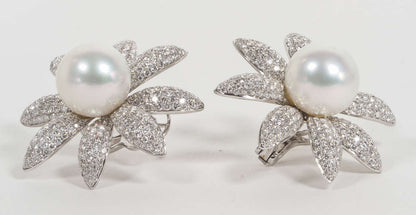 18k White Gold South Sea Pearl and Diamond Lever-Back Earrings