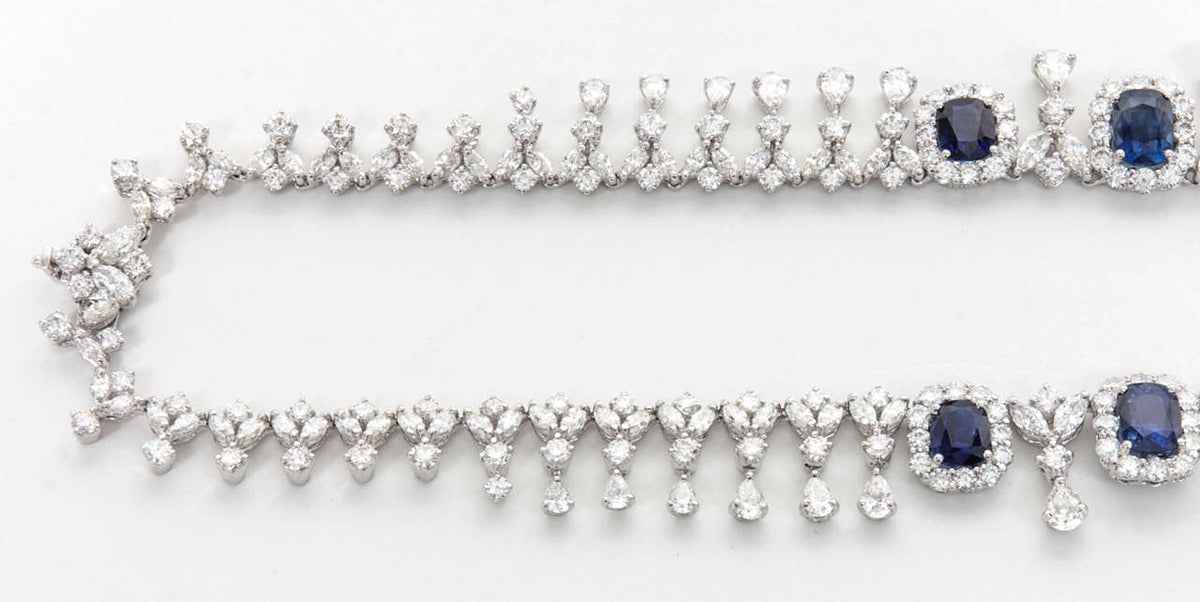 Important 75.5ct Cushion Cut Sapphire and 45ct Diamond Platinum Necklace