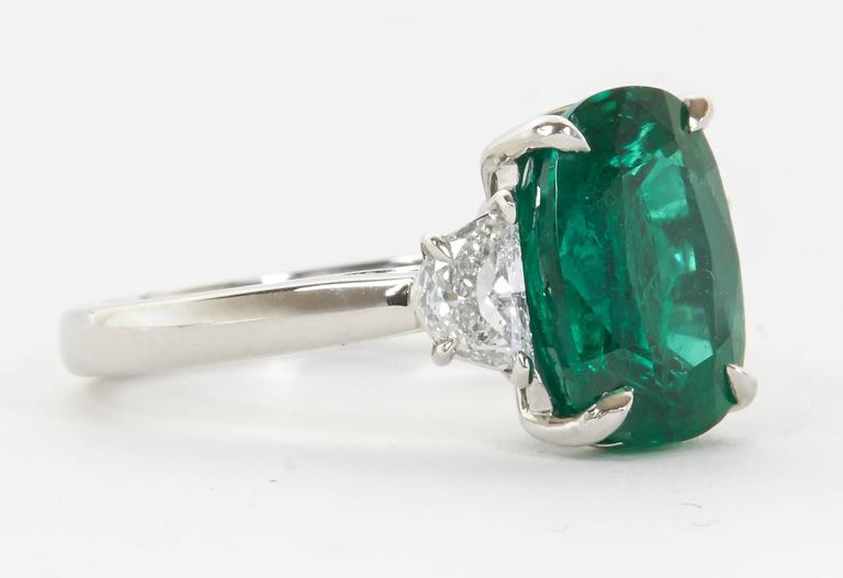 Fine 4.21 Carat GIA Emerald Diamond Platinum Three Stone Ring