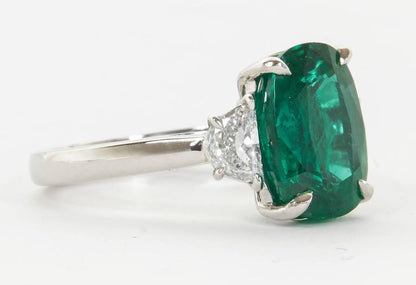 Fine 4.21 Carat GIA Emerald Diamond Platinum Three Stone Ring