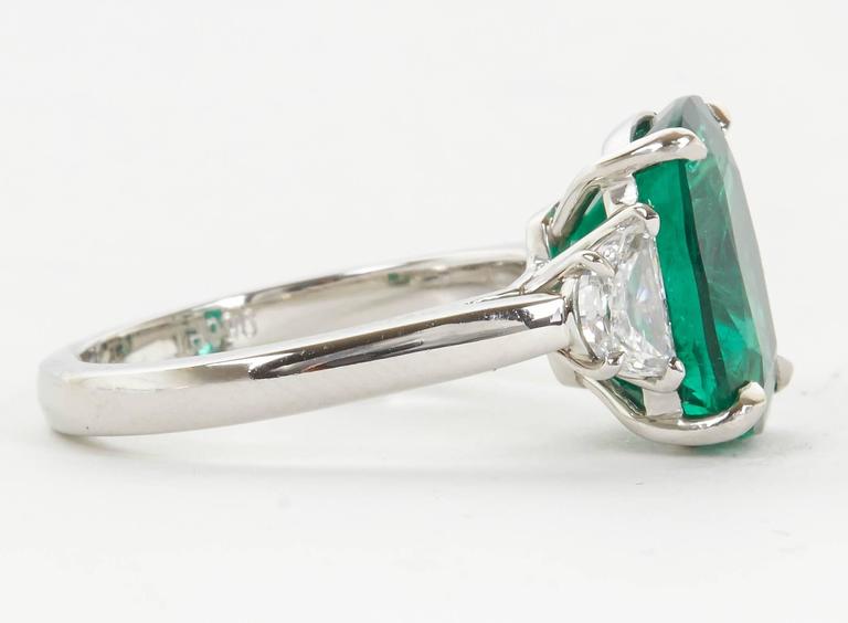 Fine 4.21 Carat GIA Emerald Diamond Platinum Three Stone Ring