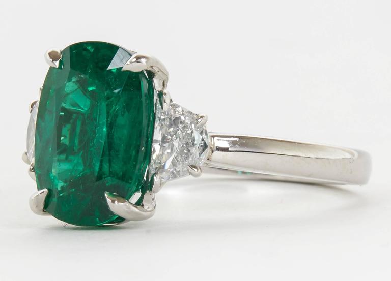 Fine 4.21 Carat GIA Emerald Diamond Platinum Three Stone Ring