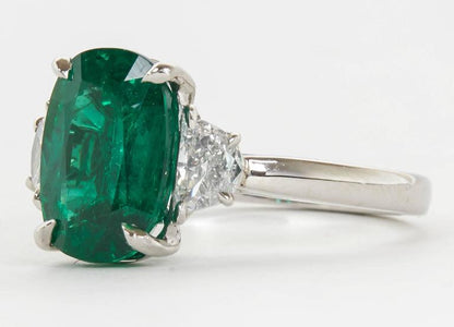 Fine 4.21 Carat GIA Emerald Diamond Platinum Three Stone Ring