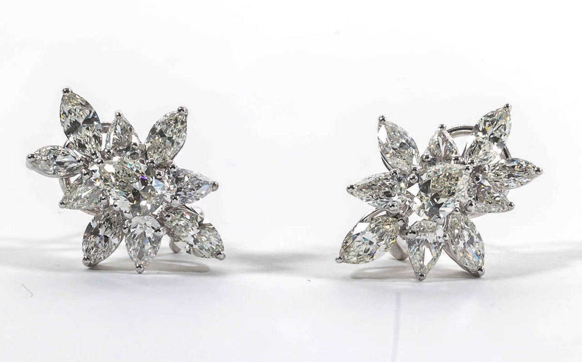 Elegant 8.72ct Marquise and Pear Diamond Platinum Cluster Clip-On Earrings