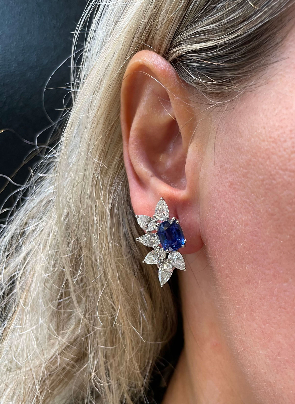 Ceylon Blue Sapphire and Pear Diamond Platinum Clip-On Earrings